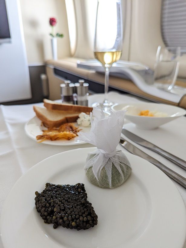 Caviar and champagne on board.