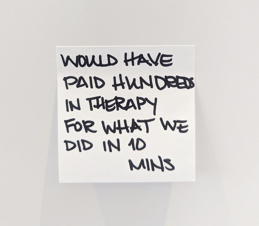 Quote: "Would have paid hundreds in therapy for what we did in 10 minutes."